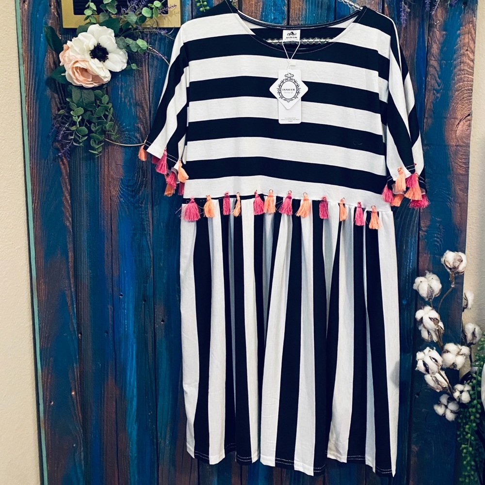 Striped Midi Dress with Colorful Tassel Trim - Black & White